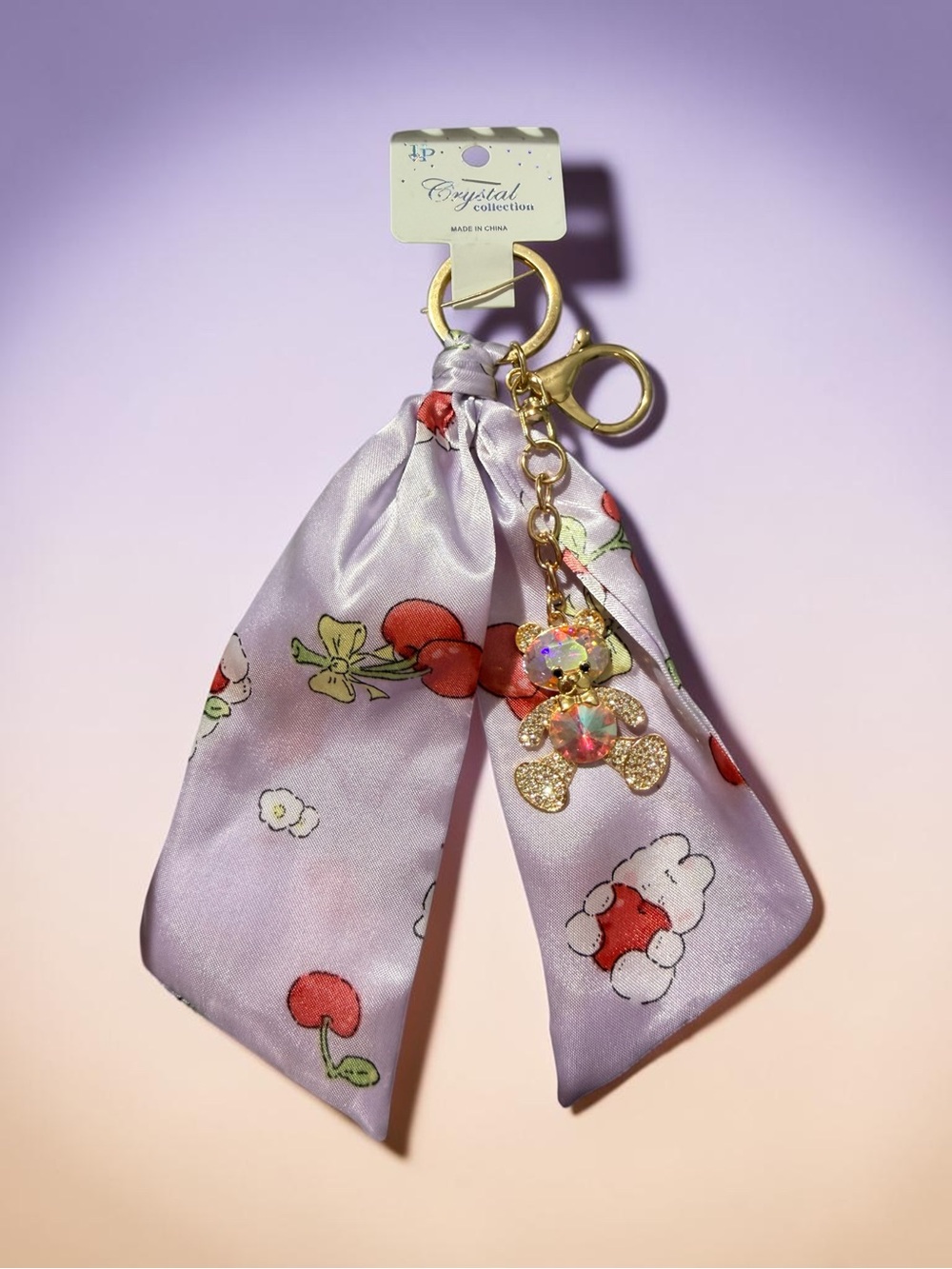 Lavender Cherry Scarf Keychain with Gold Teddy Charm